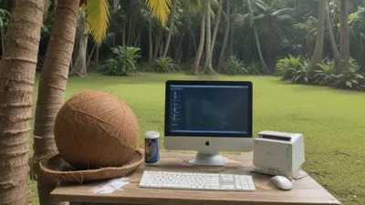 Desk in outdoor, tropical location, with a giant coconut on the desk