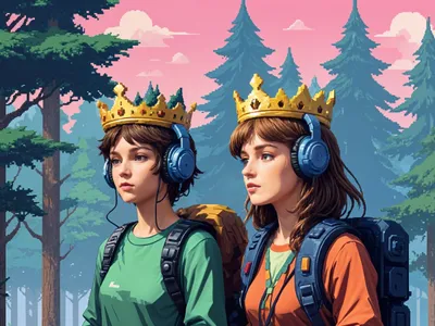 Two teenagers walking in the forest wearing crowns, headphones and a backpack 