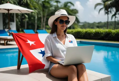 Women sitting poolside, wearing sunglasses with laptop.