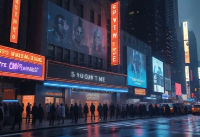 Futuristic NYC street on a dark, cold night across the street from a cinema with a sign that reads "showtime"