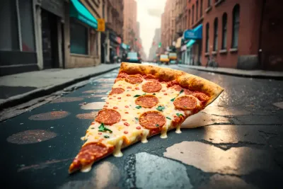 A slice of delicious NYC Pizza on a NYC cobblestone street.