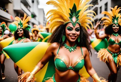 Samba dancers wearing green and yellow samba outfits in a lively parade. 