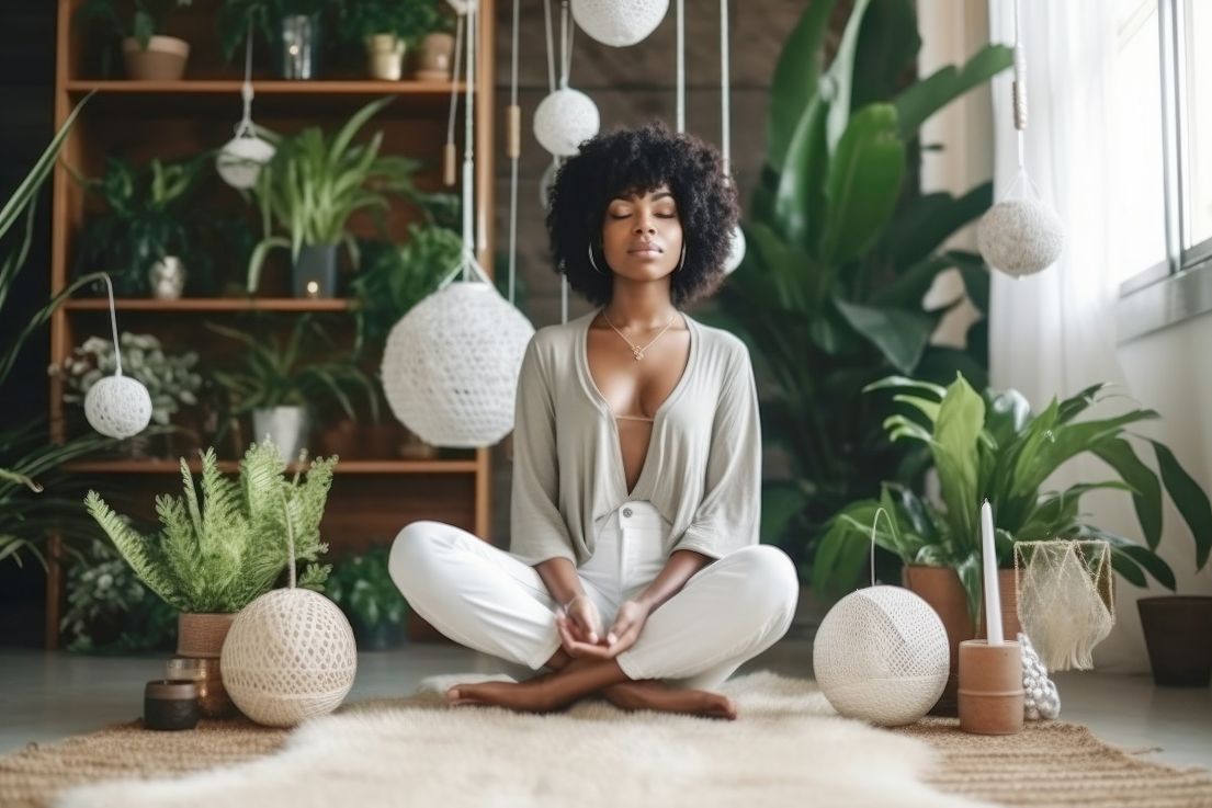 Black woman meditating with plants