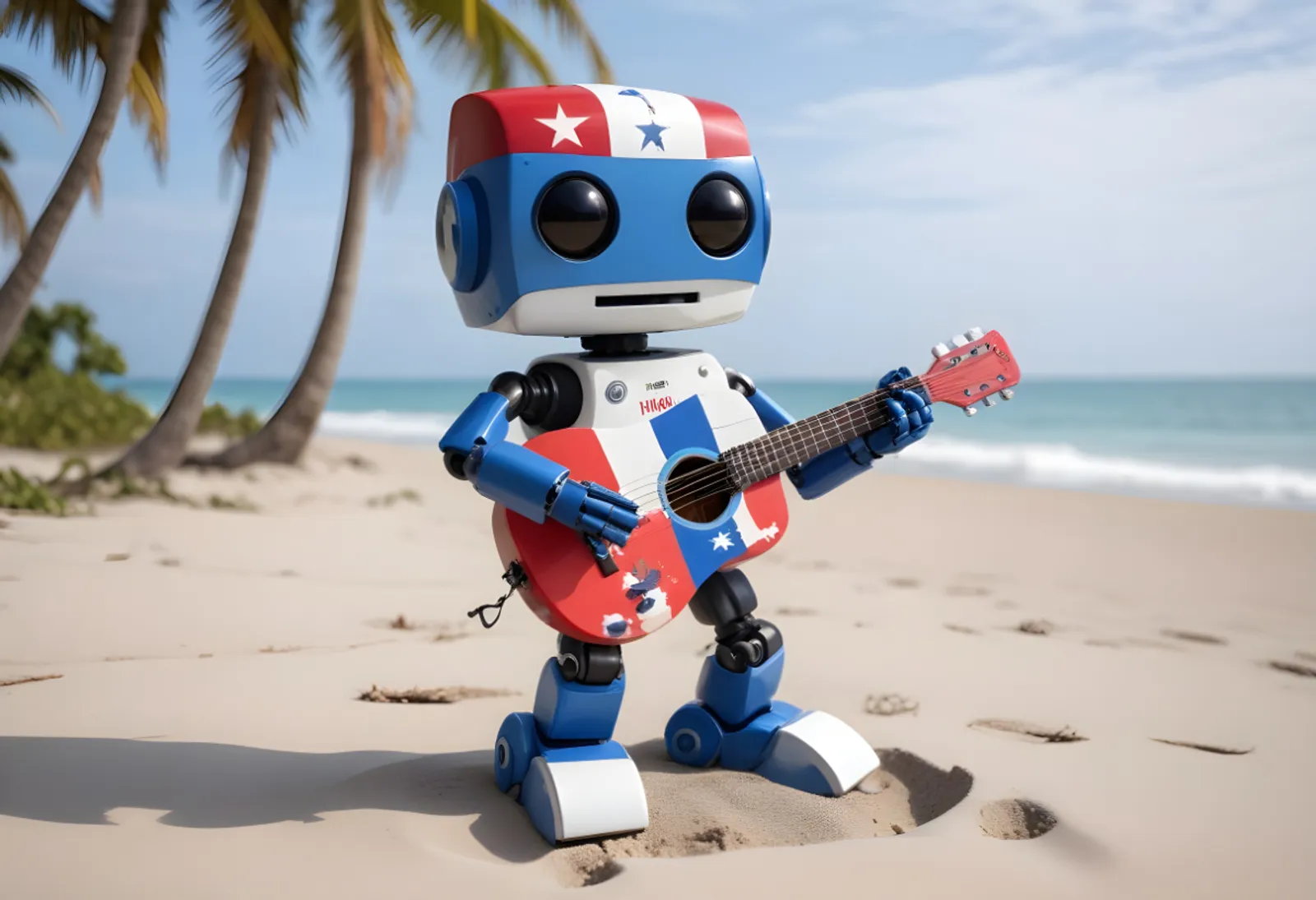 Tiny robot painted red, white and blue, playing a guitar on the beach.