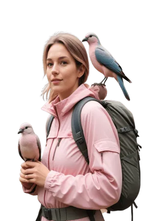 Woman holding two birds with a backpack