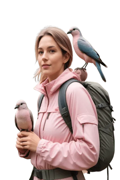 Woman holding two birds with a backpack