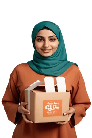 Fashionable woman in a hijabi holding a takeout food box 