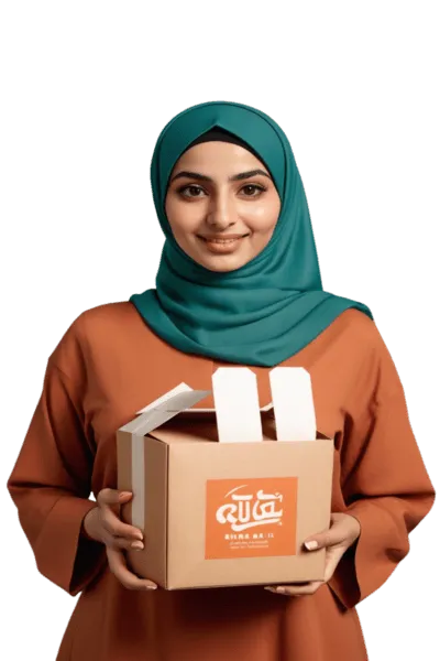 Fashionable woman in a hijabi holding a takeout food box 