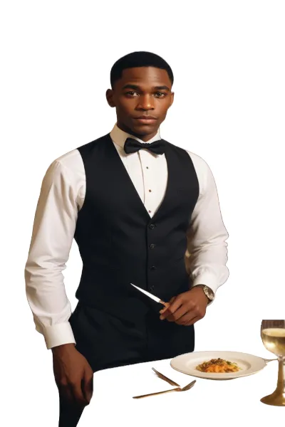 Dapper, well dressed man holing a utensil and standing over a table